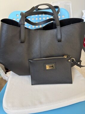 Black Leather Tote with Removable Pouch